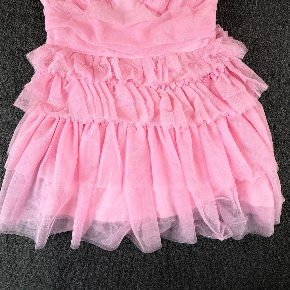 Lulus Pink Tulle Mini Dress Ruched V-Neck Tiered Ruffle Party Dress Womens Med - Picture 4 of 12